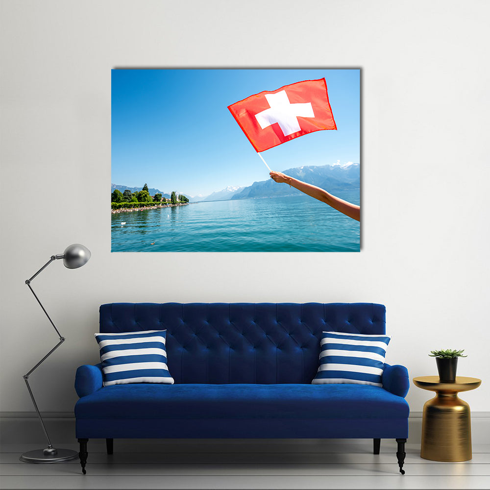 Female Hand Holding Switzerland Flag On Geneva Lake Multi Panel Canvas Wall Art