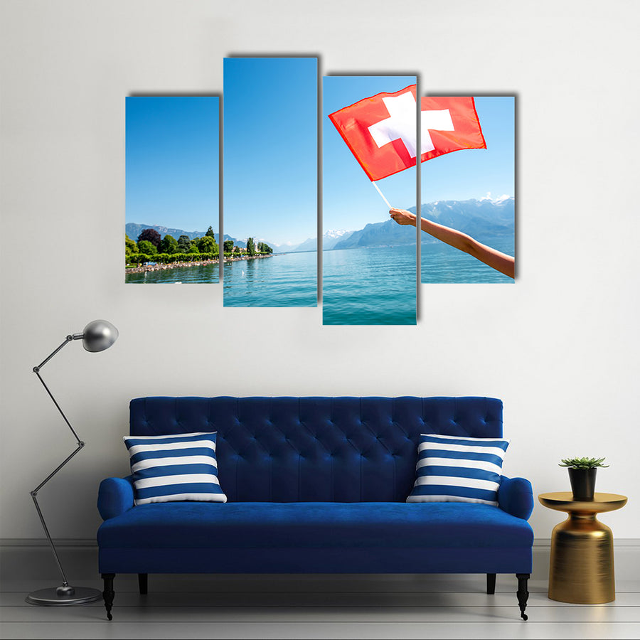 Female Hand Holding Switzerland Flag On Geneva Lake Multi Panel Canvas Wall Art