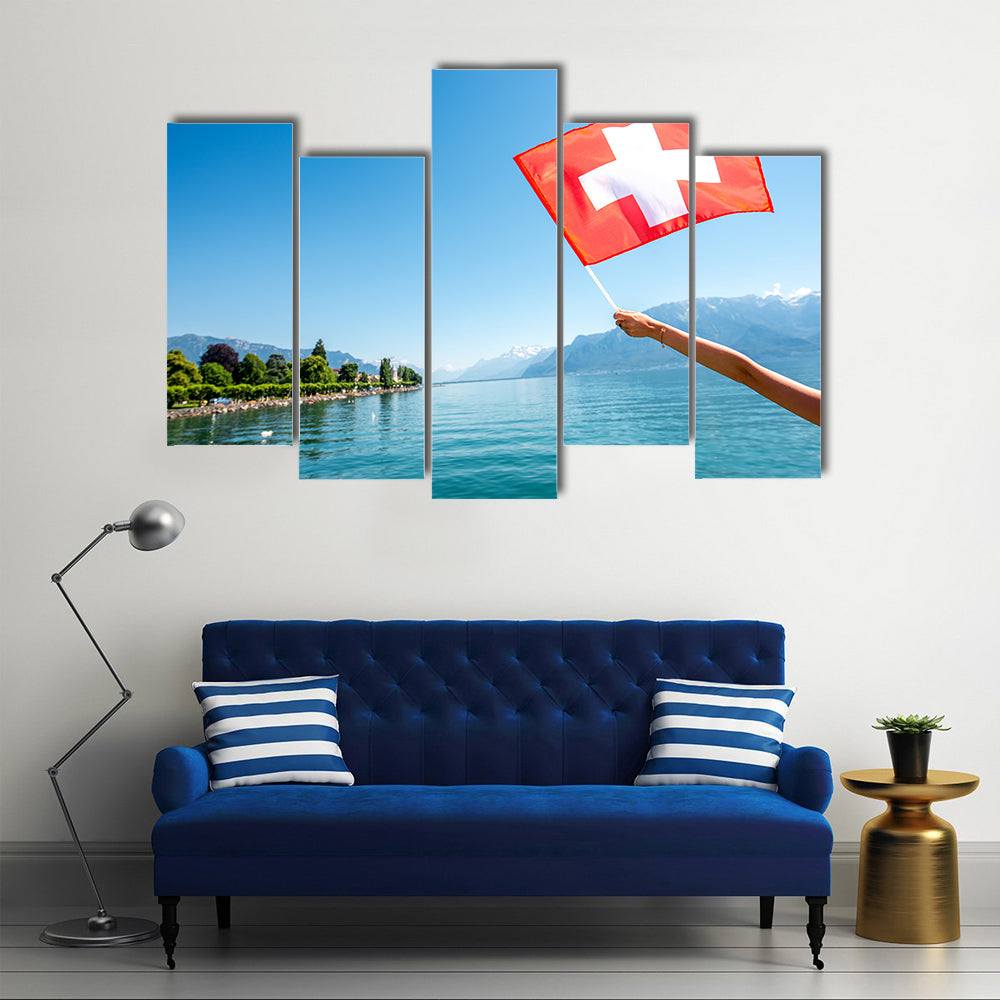 Female Hand Holding Switzerland Flag On Geneva Lake Multi Panel Canvas Wall Art