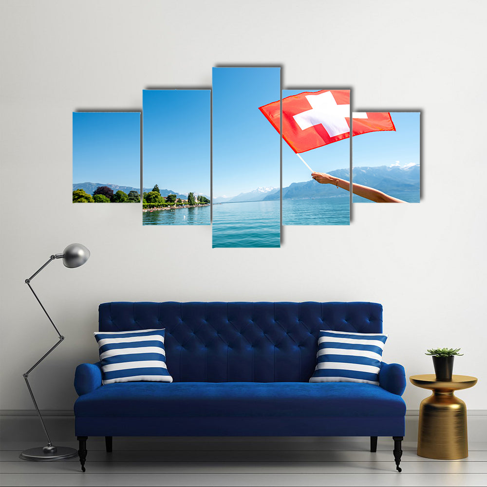 Female Hand Holding Switzerland Flag On Geneva Lake Multi Panel Canvas Wall Art