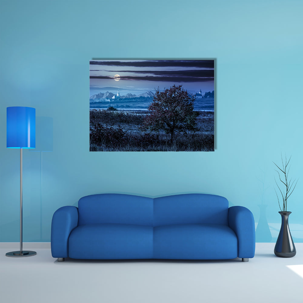 Two Churches In A Foggy Night In A Rural Area In Autumn Beside A Lone Red Tree, Multi Panel Canvas Wall Art