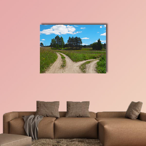 Rural scenic landscape with crossroad on hill in forest multi panel canvas wall art