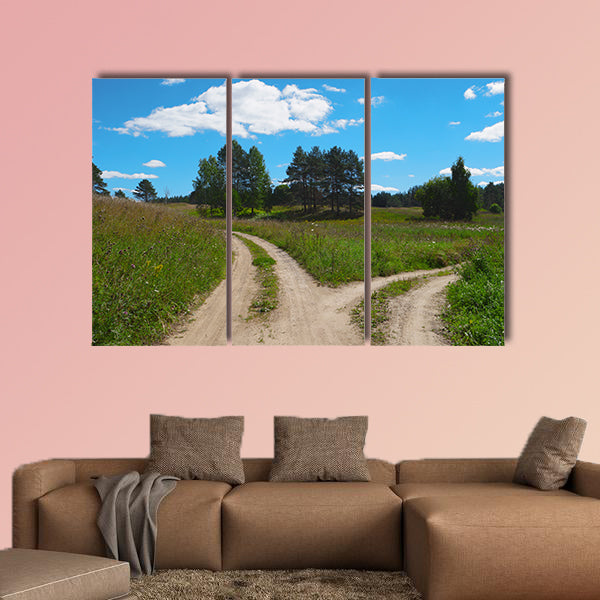 Rural scenic landscape with crossroad on hill in forest multi panel canvas wall art