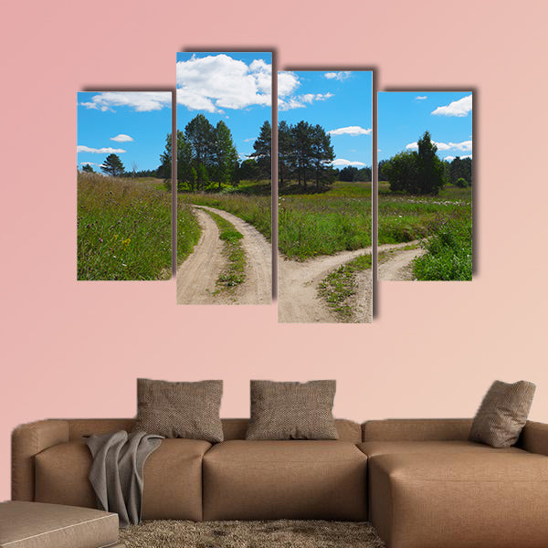 Rural scenic landscape with crossroad on hill in forest multi panel canvas wall art
