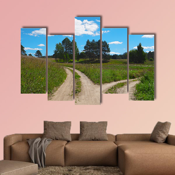 Rural scenic landscape with crossroad on hill in forest multi panel canvas wall art