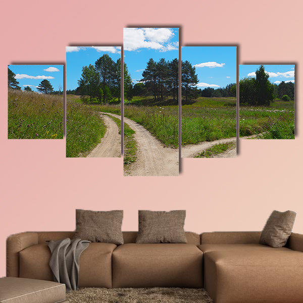 Rural scenic landscape with crossroad on hill in forest multi panel canvas wall art