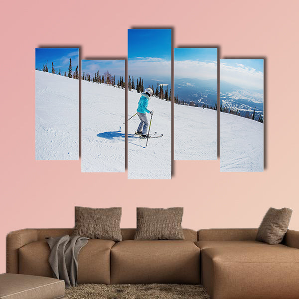 Young girl skiing in the mountains Sheregesh Multi panel canvas wall art