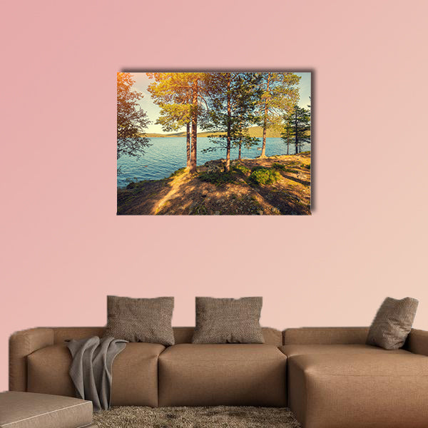 Sea shore in sunny day, Pine trees near sea multi panel canvas wall art