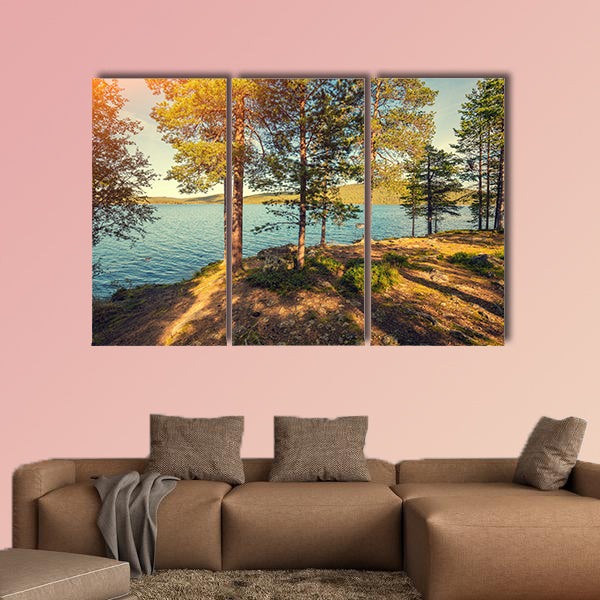 Sea shore in sunny day, Pine trees near sea multi panel canvas wall art