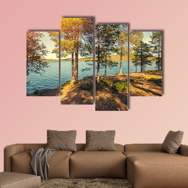 Sea shore in sunny day, Pine trees near sea multi panel canvas wall art