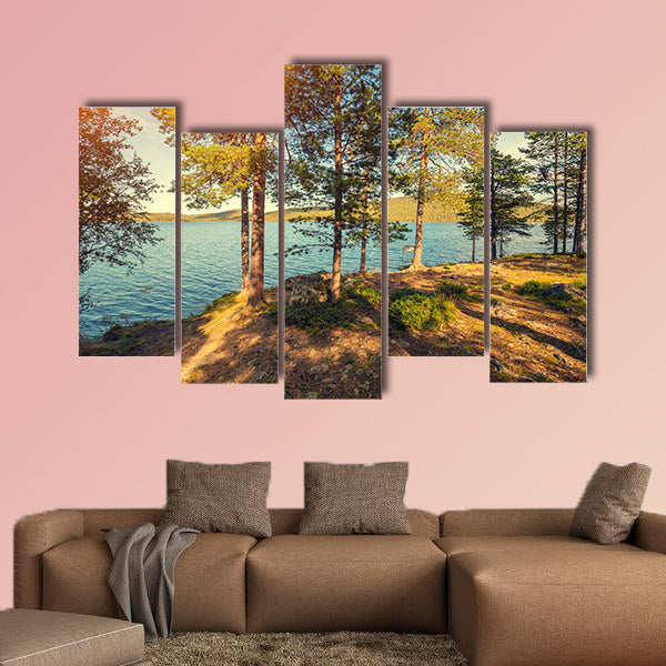 Sea shore in sunny day, Pine trees near sea multi panel canvas wall art