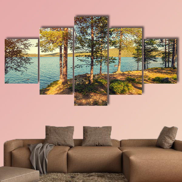 Sea shore in sunny day, Pine trees near sea multi panel canvas wall art