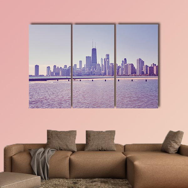 Retro toned photo of Chicago city downtown skyline, USA Multi panel canvas wall art.
