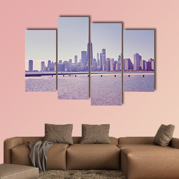 Retro toned photo of Chicago city downtown skyline, USA Multi panel canvas wall art.