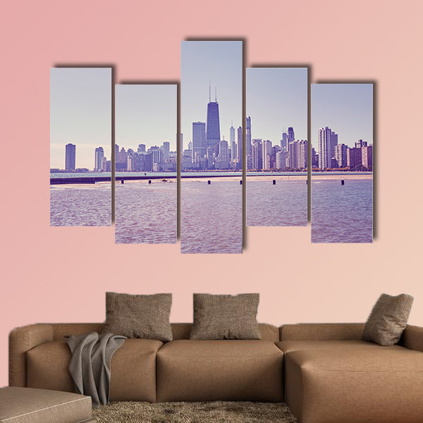 Retro toned photo of Chicago city downtown skyline, USA Multi panel canvas wall art.