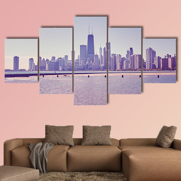 Retro toned photo of Chicago city downtown skyline, USA Multi panel canvas wall art.