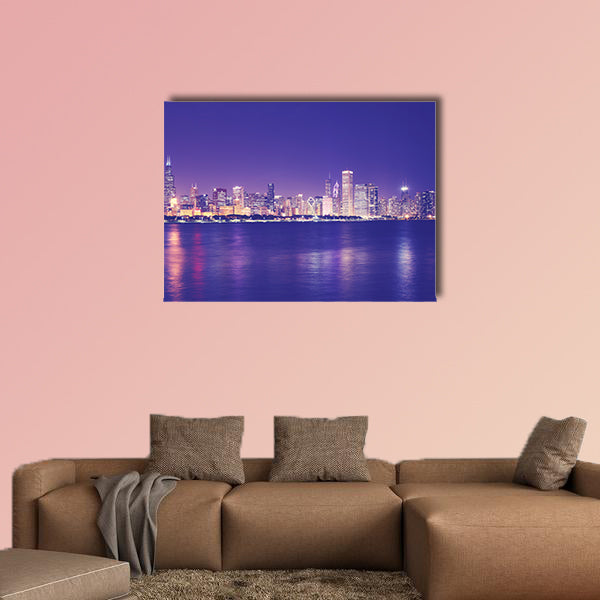 Vintage toned picture of Chicago city skyline with reflection in Lake canvas wall art.