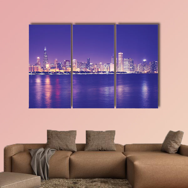 Vintage toned picture of Chicago city skyline with reflection in Lake canvas wall art.