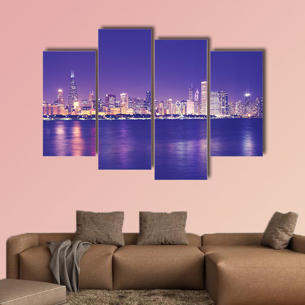 Vintage toned picture of Chicago city skyline with reflection in Lake canvas wall art.
