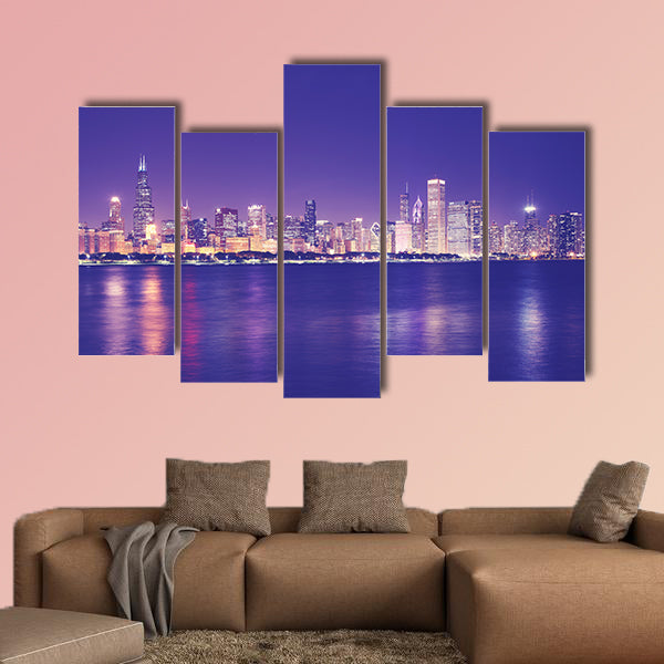 Vintage toned picture of Chicago city skyline with reflection in Lake canvas wall art.
