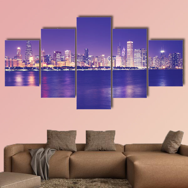 Vintage toned picture of Chicago city skyline with reflection in Lake canvas wall art.