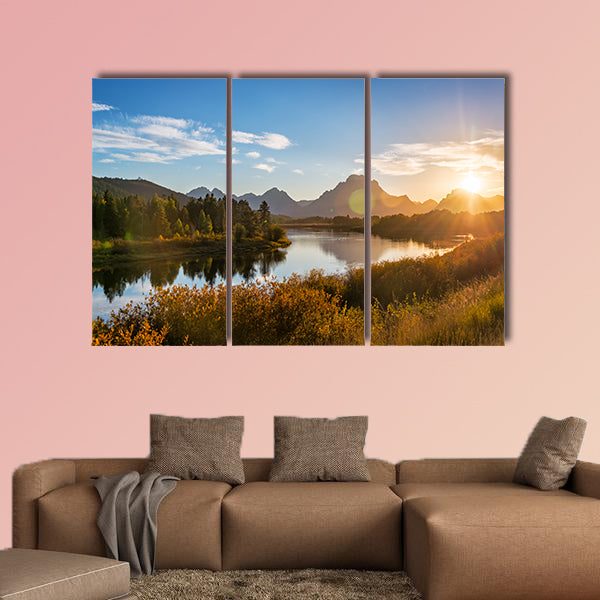 View of Snake River and Teton Range at sunset in Grand Teton National Park in Wyoming Multi panel canvas wall art