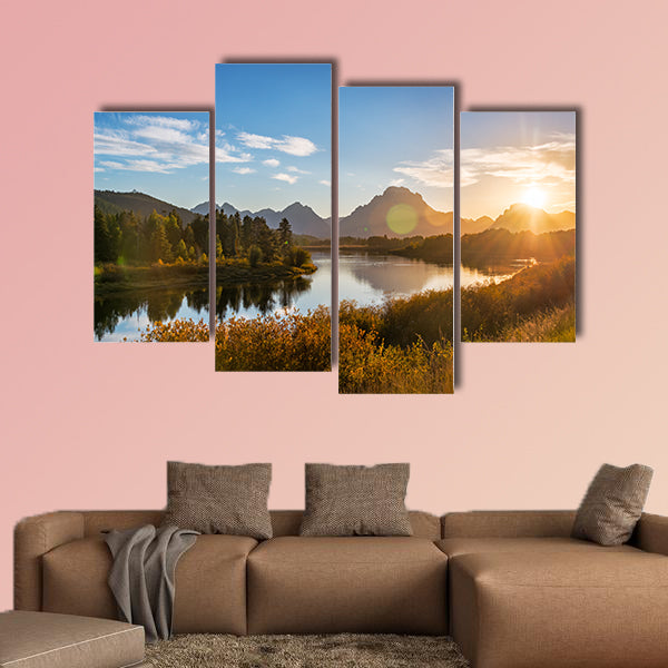 View of Snake River and Teton Range at sunset in Grand Teton National Park in Wyoming Multi panel canvas wall art