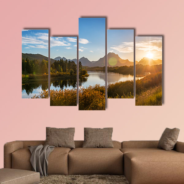 View of Snake River and Teton Range at sunset in Grand Teton National Park in Wyoming Multi panel canvas wall art