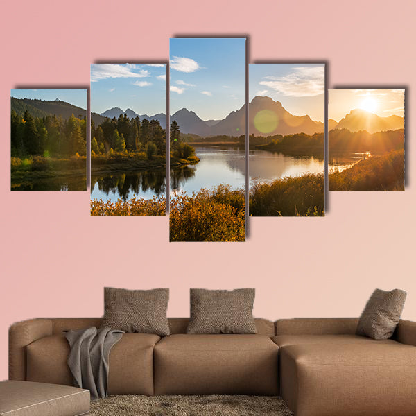 View of Snake River and Teton Range at sunset in Grand Teton National Park in Wyoming Multi panel canvas wall art