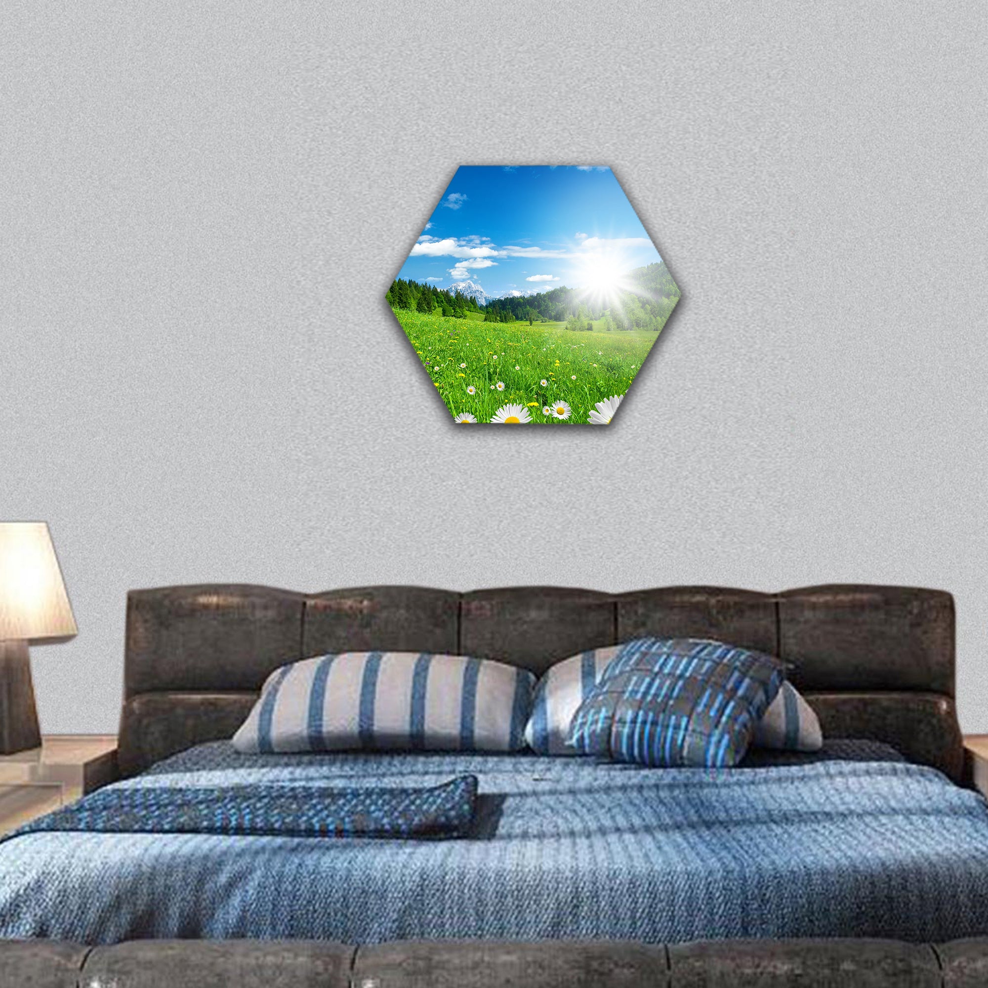 Springtime in the alps with flowers and sky hexagonal canvas wall art