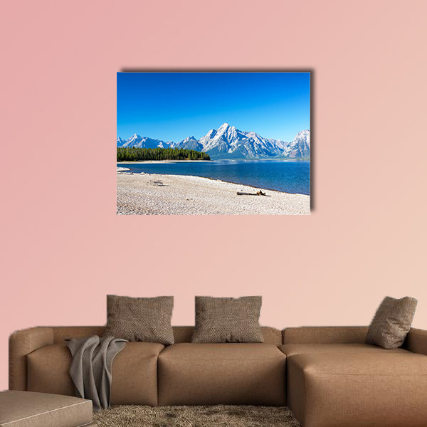 Rocky beach on the Shore of Jackson Lake in Grand Teton National Park Multi panel canvas wall art