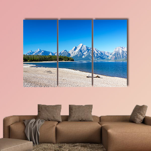 Rocky beach on the Shore of Jackson Lake in Grand Teton National Park Multi panel canvas wall art