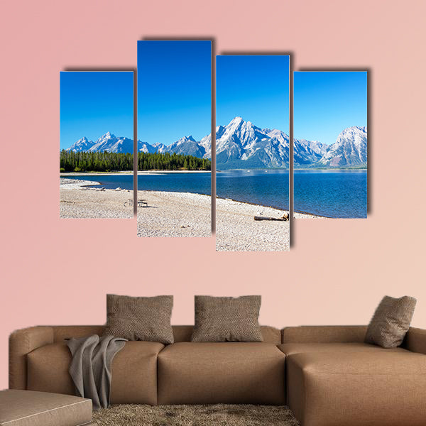 Rocky beach on the Shore of Jackson Lake in Grand Teton National Park Multi panel canvas wall art