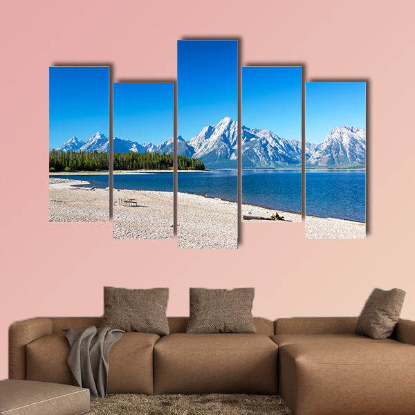 Rocky beach on the Shore of Jackson Lake in Grand Teton National Park Multi panel canvas wall art