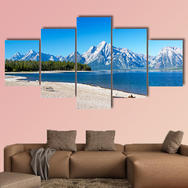 Rocky beach on the Shore of Jackson Lake in Grand Teton National Park Multi panel canvas wall art