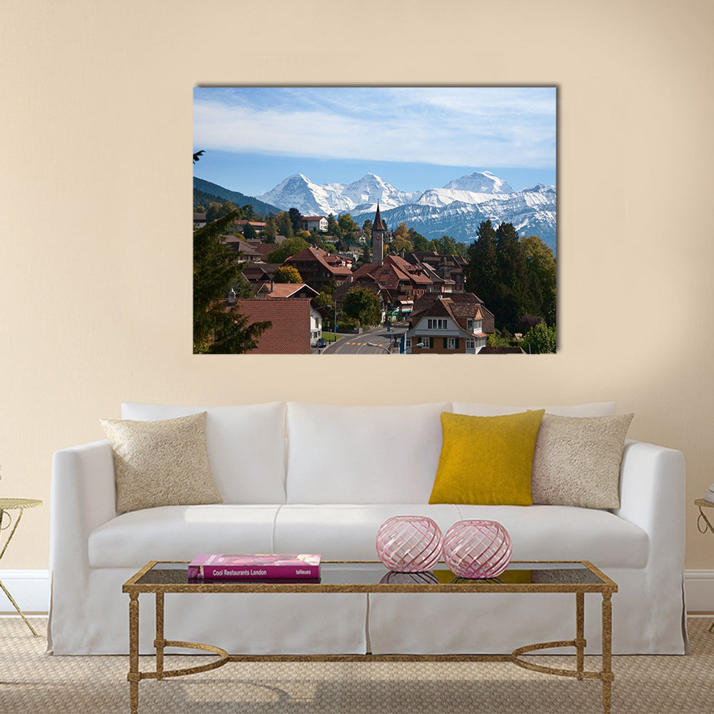 Typical swiss village with snowy peaks multi panel canvas wall art