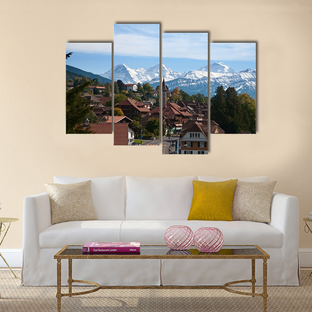 Typical swiss village with snowy peaks multi panel canvas wall art