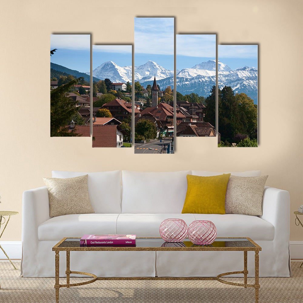 Typical swiss village with snowy peaks multi panel canvas wall art