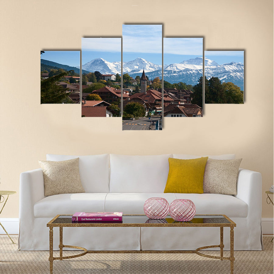 Typical swiss village with snowy peaks multi panel canvas wall art