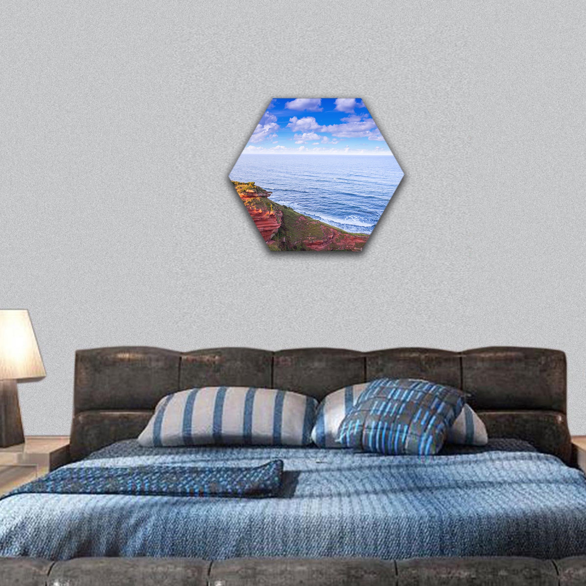 Red layered cliffs of Scotland's South-East coast hexagonal canvas wall art