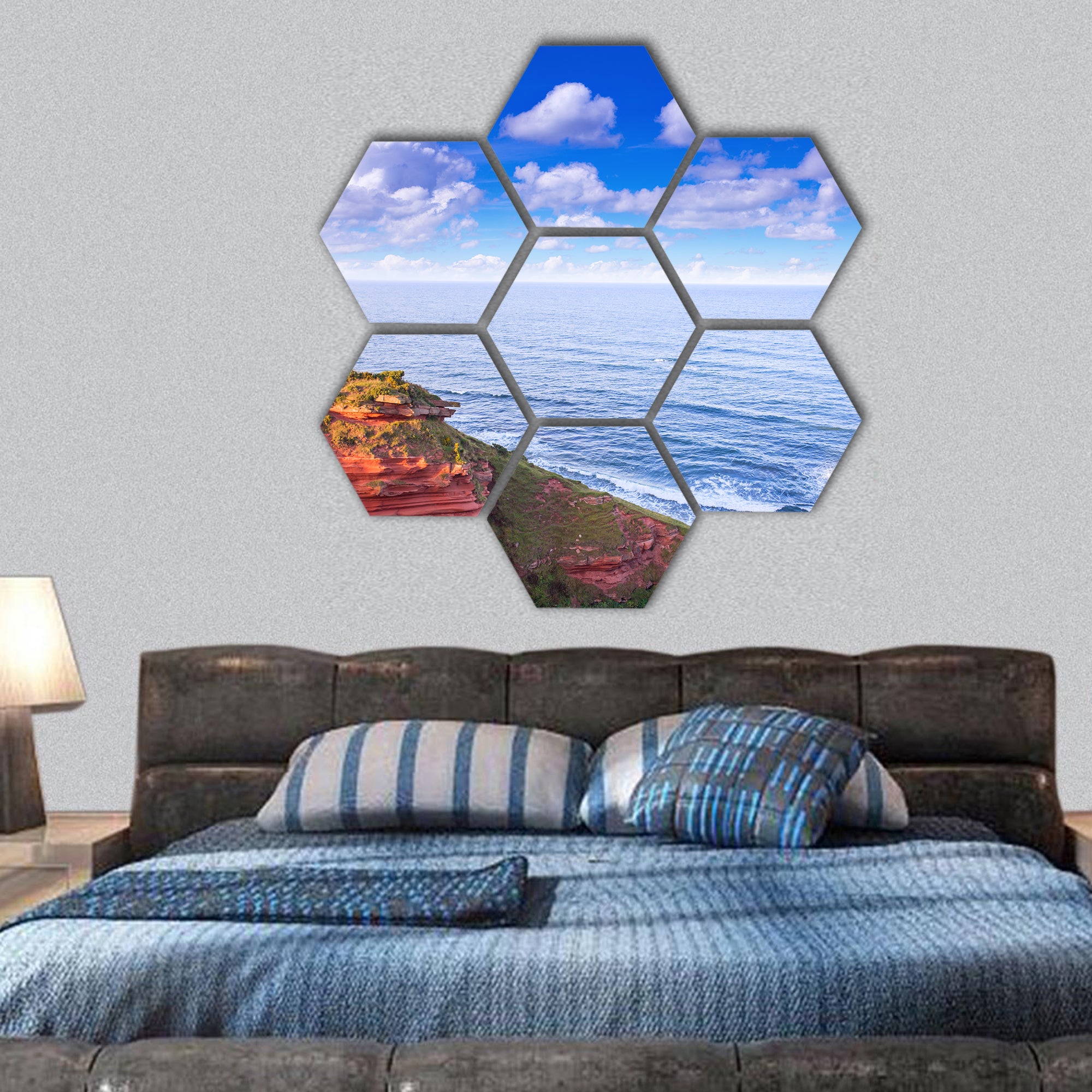 Red layered cliffs of Scotland's South-East coast hexagonal canvas wall art