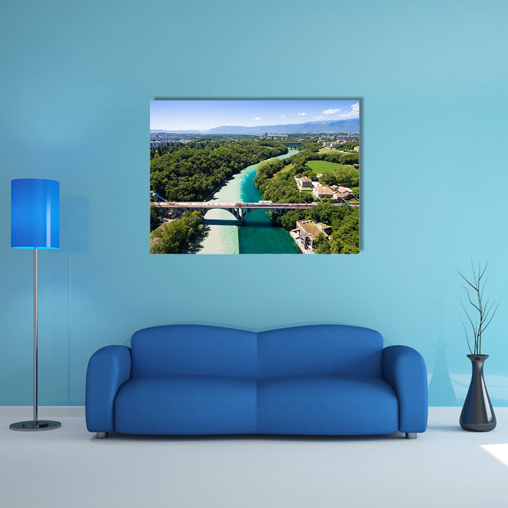 The Aerial view of Arve an Rhone river confluent in Geneva Switzerland Multi Panel Canvas Wall Art