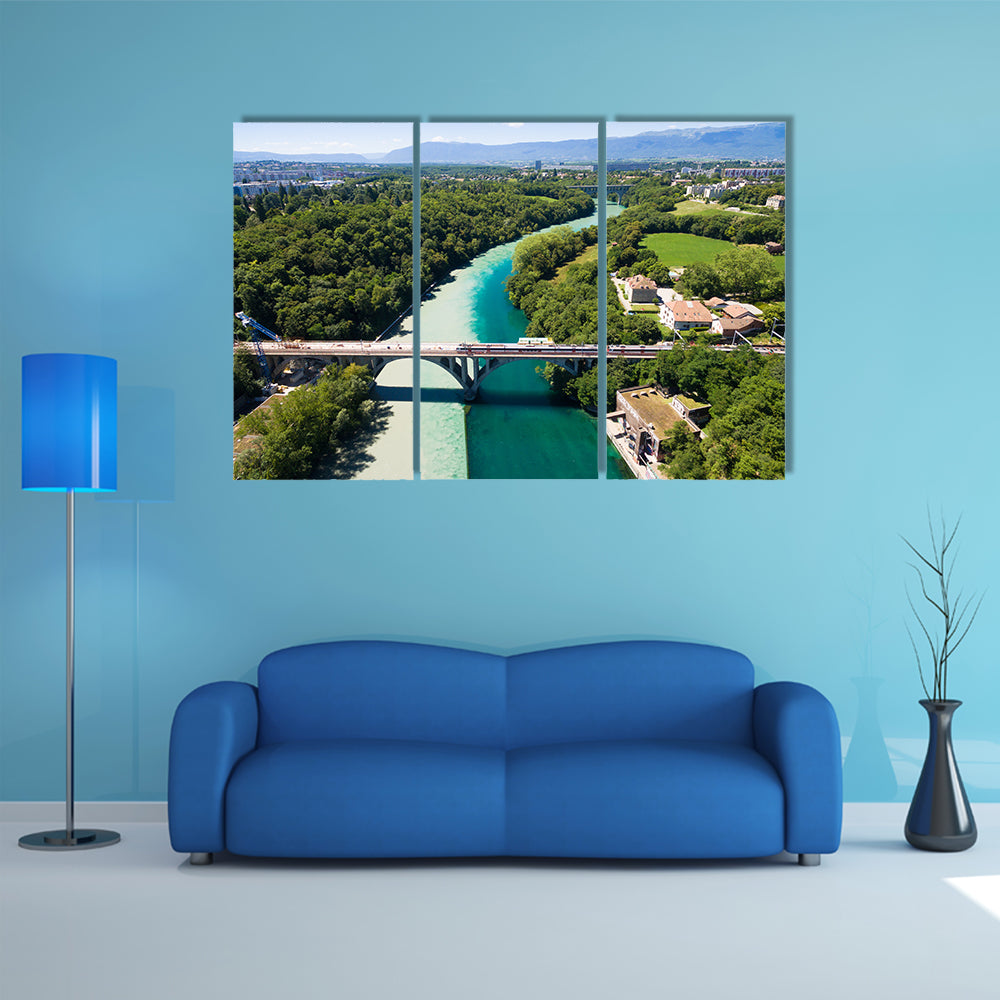 The Aerial view of Arve an Rhone river confluent in Geneva Switzerland Multi Panel Canvas Wall Art