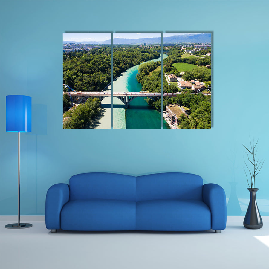 The Aerial view of Arve an Rhone river confluent in Geneva Switzerland Multi Panel Canvas Wall Art