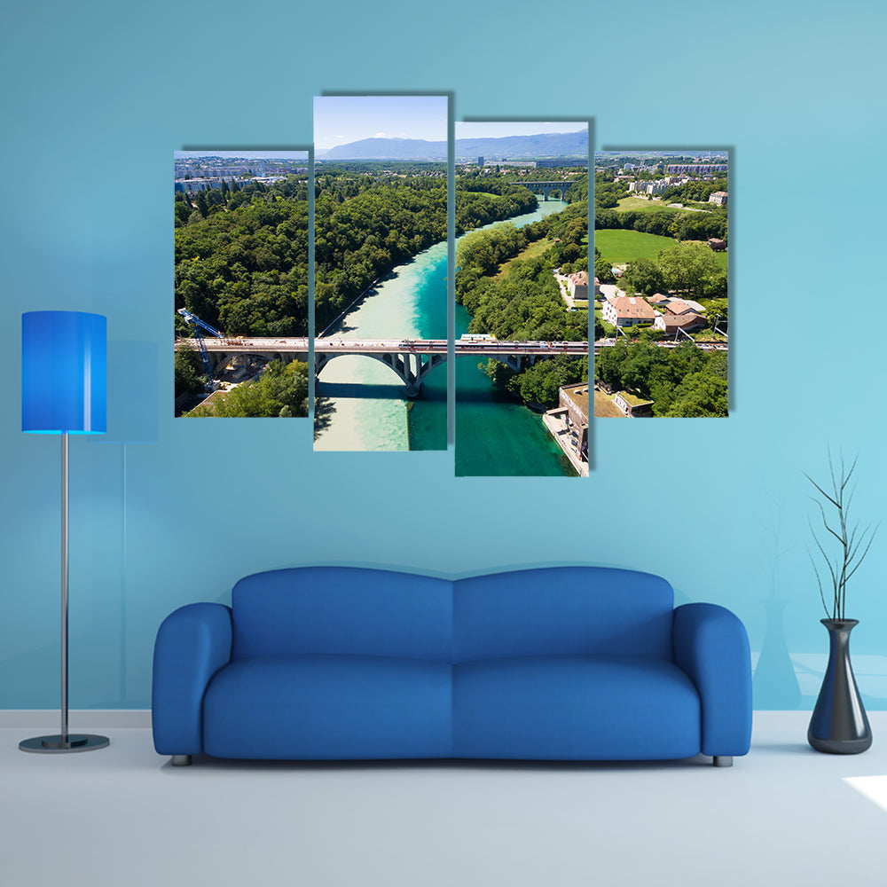 The Aerial view of Arve an Rhone river confluent in Geneva Switzerland Multi Panel Canvas Wall Art