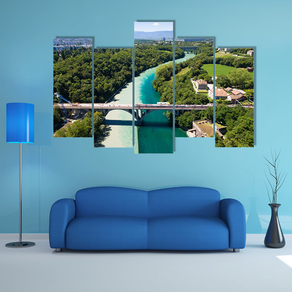 The Aerial view of Arve an Rhone river confluent in Geneva Switzerland Multi Panel Canvas Wall Art