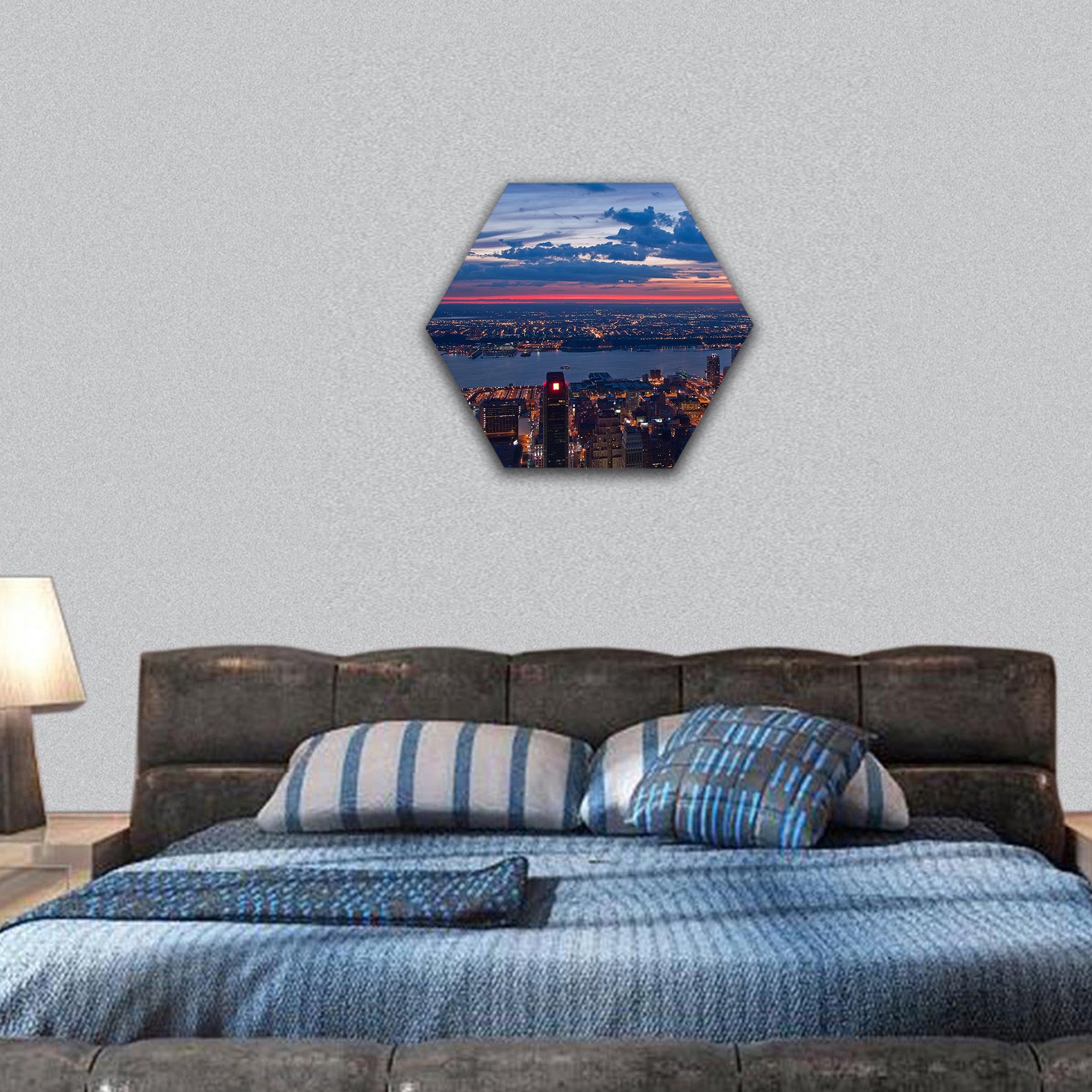 View on New York and New Jersey after sunset hexagonal canvas wall art