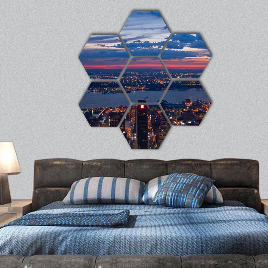 View on New York and New Jersey after sunset hexagonal canvas wall art