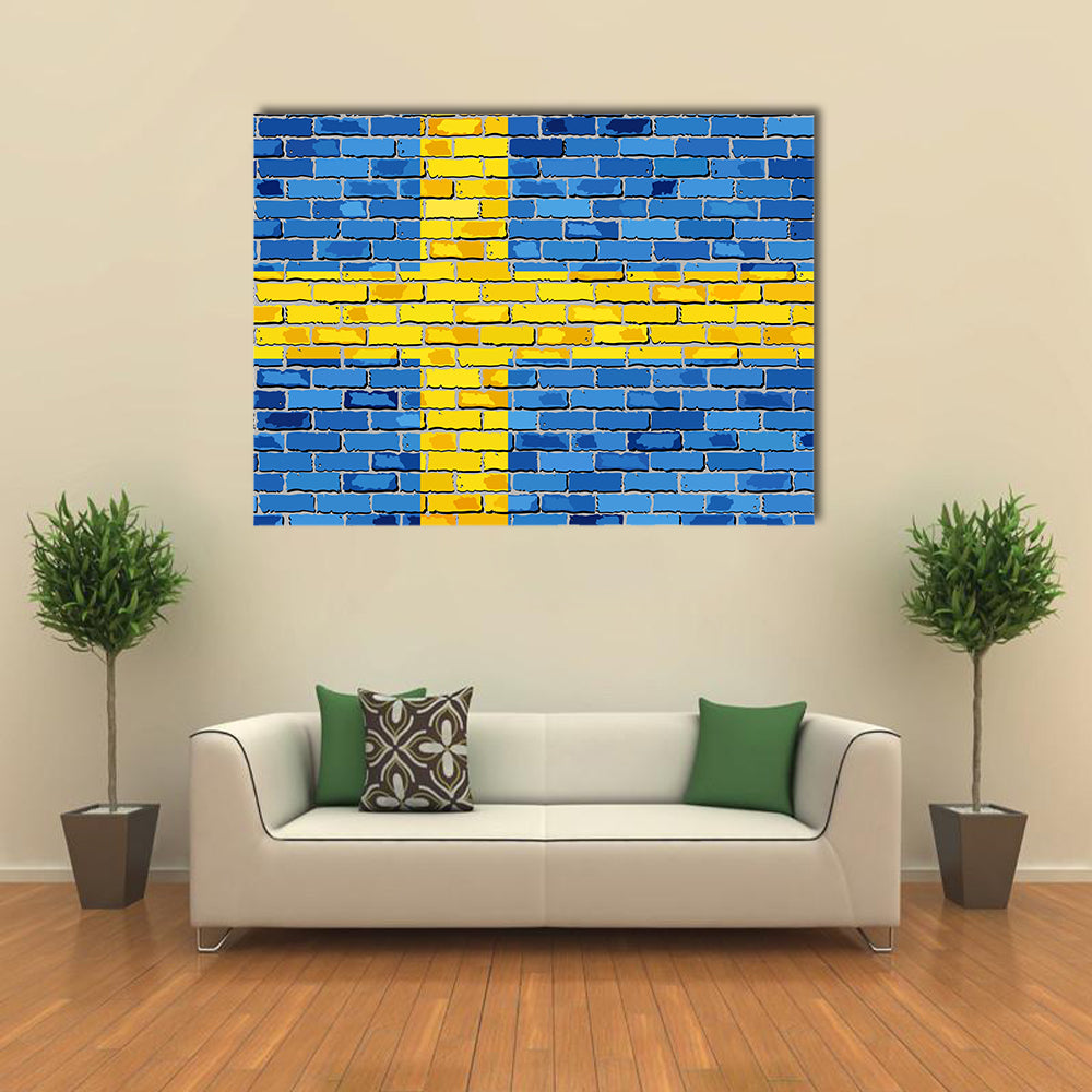 Flag Of Sweden On A Brick Wall Multi Panel Canvas Wall Art