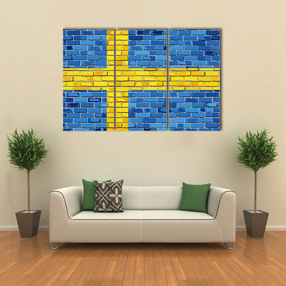 Flag Of Sweden On A Brick Wall Multi Panel Canvas Wall Art